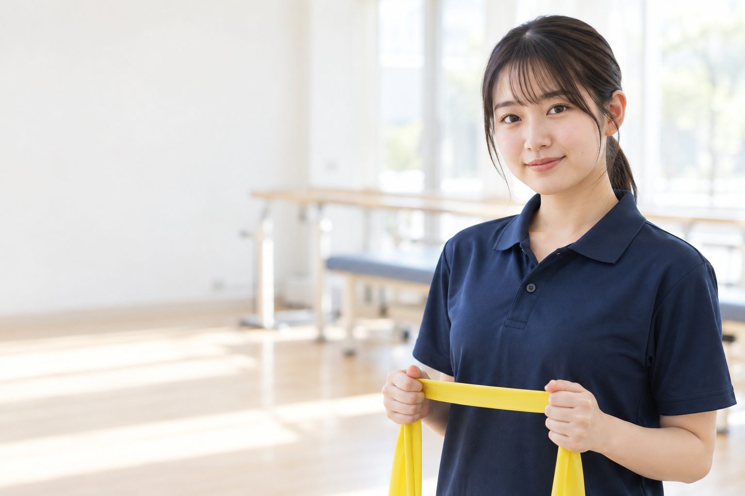 実習室で、トレーニングバンドを手にほほえむ学生
