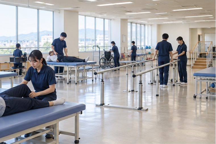 平行棒やベッドが並ぶ、病院と同じ設備の実習室
